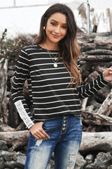 Women's Black White Striped Lace Button Detail Long Sleeve Top