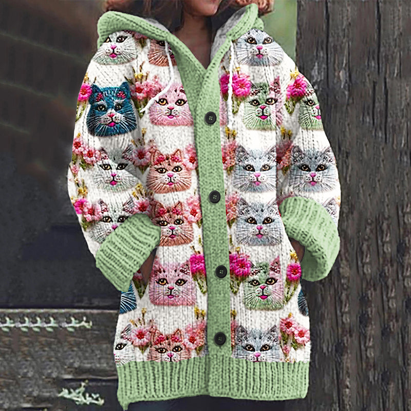 Abstract Colorblock Floral Cats World Art Pattern Cozy Cardigan Sweater