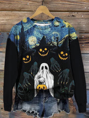 Ghost Hold Pumpkin Starry Night Art Pattern Sweatshirt