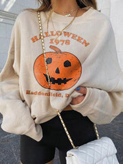 Halloween Pumpkin Print Crew Neck Sweatshirt