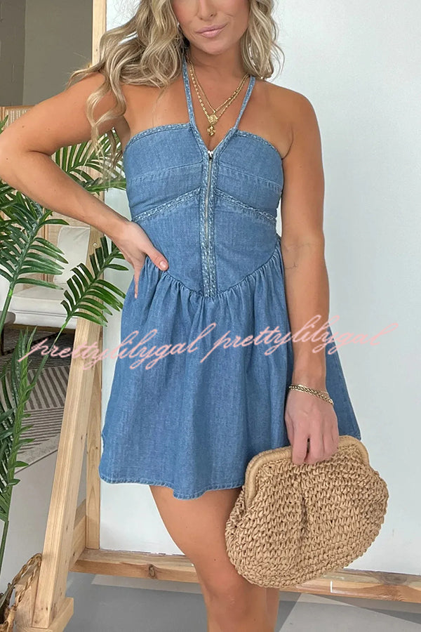 Sexy Halter Neck Backless Front Zip Denim Mini Dress