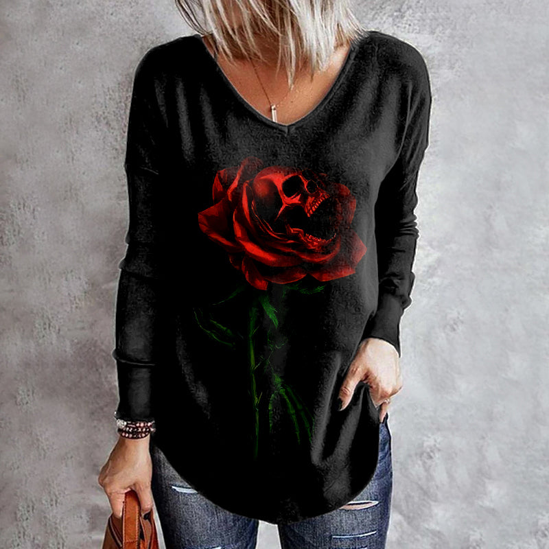 Rose Skull Print Long Sleeve T-Shirt