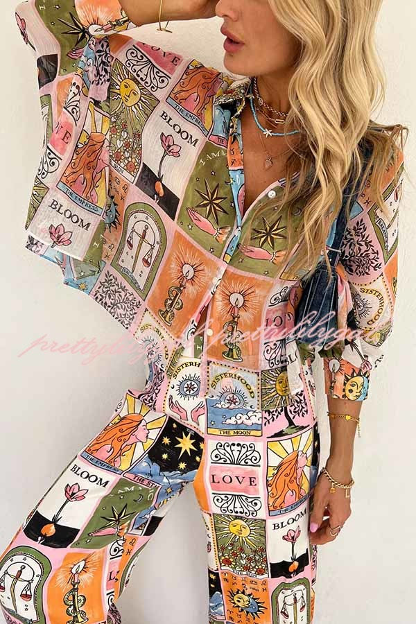Whimsical Tarot Inspired Print Dolman Sleeve Flowy Shirt and Elastic Waist Wide Leg Pants Set