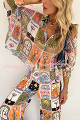 Whimsical Tarot Inspired Print Dolman Sleeve Flowy Shirt and Elastic Waist Wide Leg Pants Set