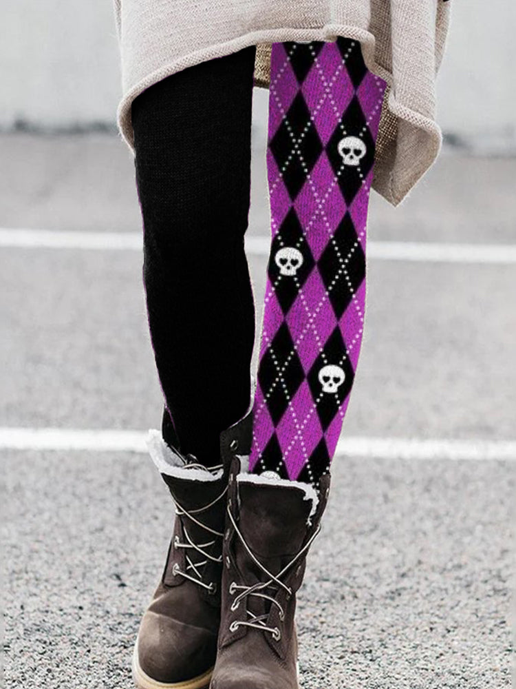 Lovely Skull Diamond Pattern Contrast Leggings