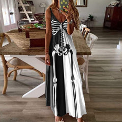Women's Black And White Halloween Skull Print Casual Maxi Dress