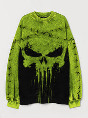 Stitched Skull Graffiti Contrast Color Washed Sweatshirt