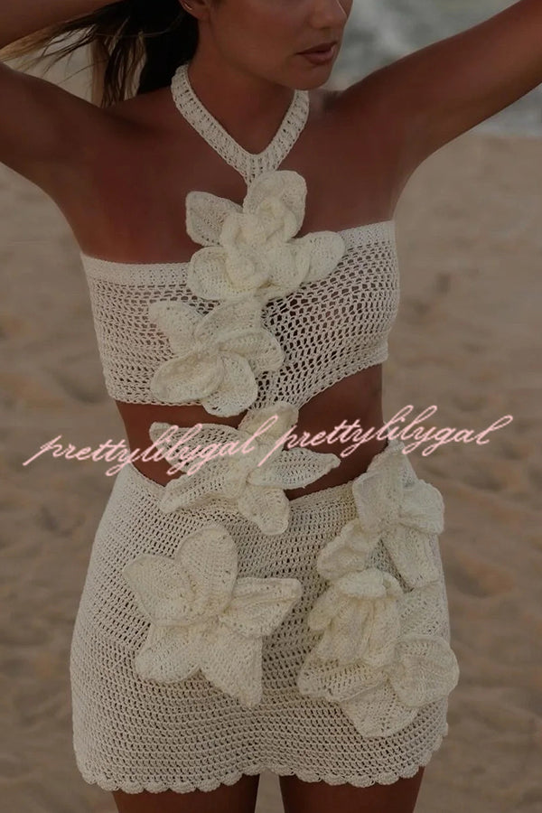 Mermaid Song Crochet Knit Three Dimensional Halterneck Cutout Stretch Mini Dress