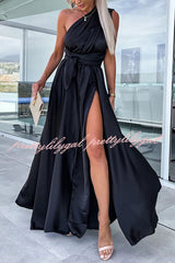 Different Elegant Effects Satin Free Tie Neck Slit Maxi Dress