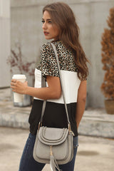 Women's Fashion Black Color Block Leopard Short Sleeve Tee