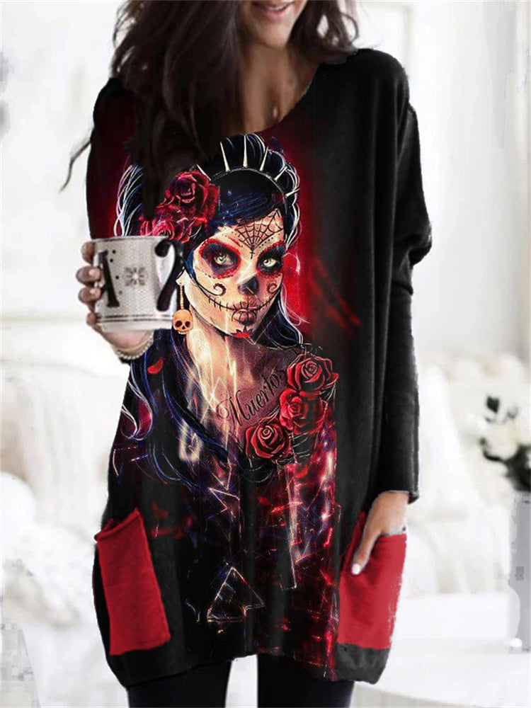 Day Of The Dead Art Patch Pocket Tunic