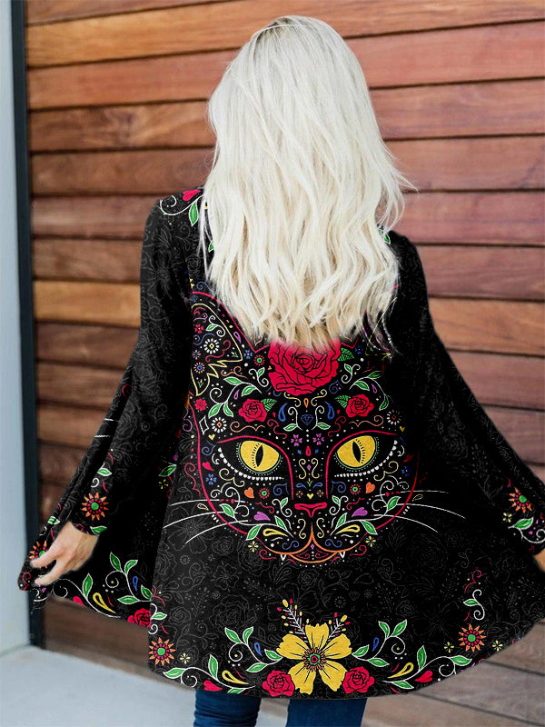 Day of the Dead Sugar Skull Cat Art Flowy Cardigan