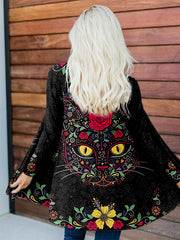 Day of the Dead Sugar Skull Cat Art Flowy Cardigan