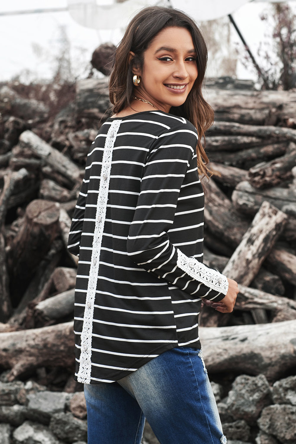 Women's Black White Striped Lace Button Detail Long Sleeve Top
