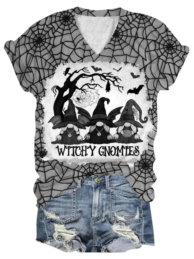 Halloween Gnome Print V Neck T-Shirt