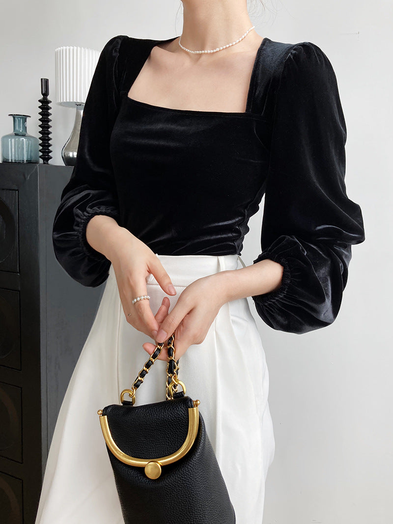 Black Velvet Square Collar Bubble Sleeve Blouse