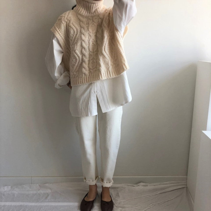 Vintage turtleneck hemp pattern loose knit sweater vest