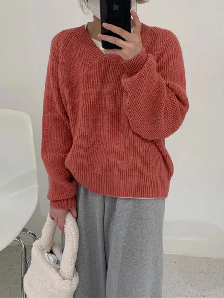 V-neck Soft Waxy Loose Gentle Knit Sweater