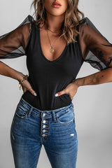 Women's Black V Neck Puff Sleeve Top