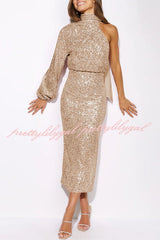 Bring The Class Sequin Slit High Waist Midi Dress