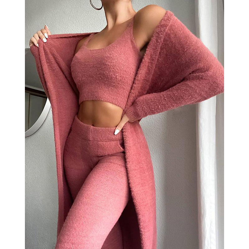 Cozy Long Sleeve Cardigan Pants Three-Piece Set