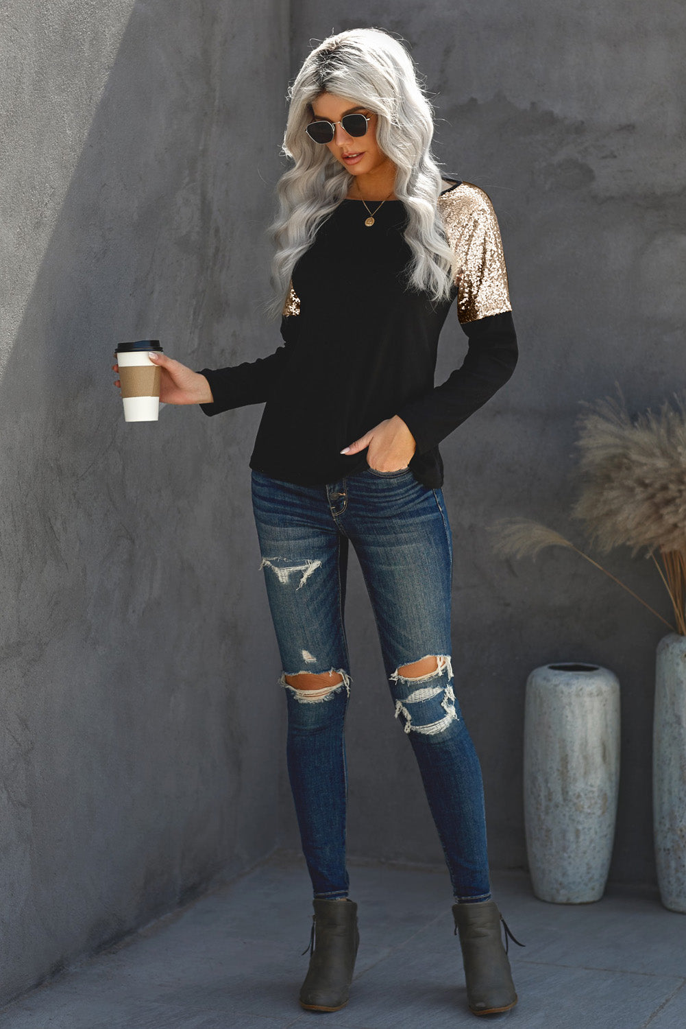 Women's New Black Sequin Shoulder Long Sleeve Top