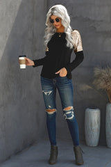 Women's New Black Sequin Shoulder Long Sleeve Top