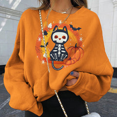 Cat Bat Pumpkin Print Crew Neck Sweatshirt