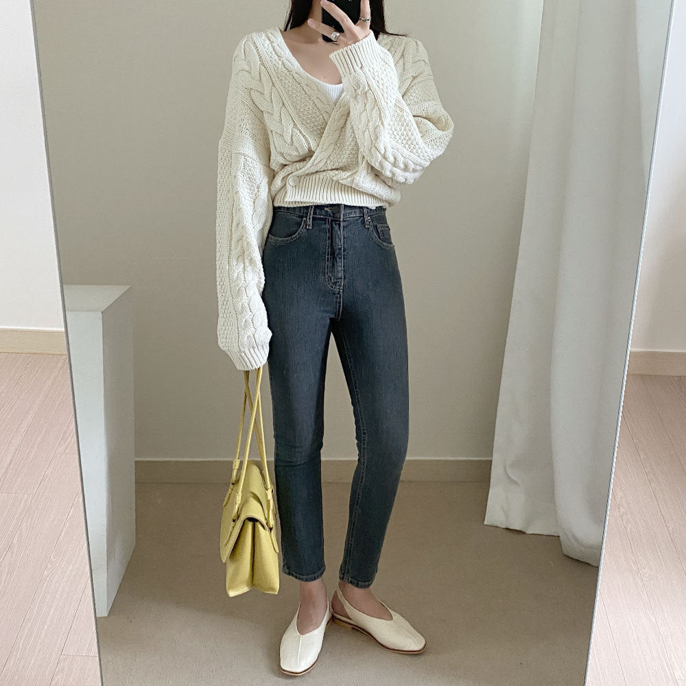 V-Neck Sweater Cropped Linen Pattern Knit Sweater
