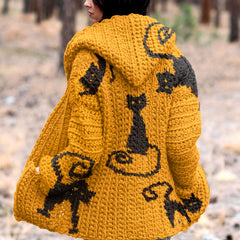 Vintage Naughty Black Cat Halloween Art Cozy Cardigan Sweater