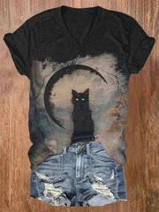 Halloween Vintage Cat Print T-Shirt