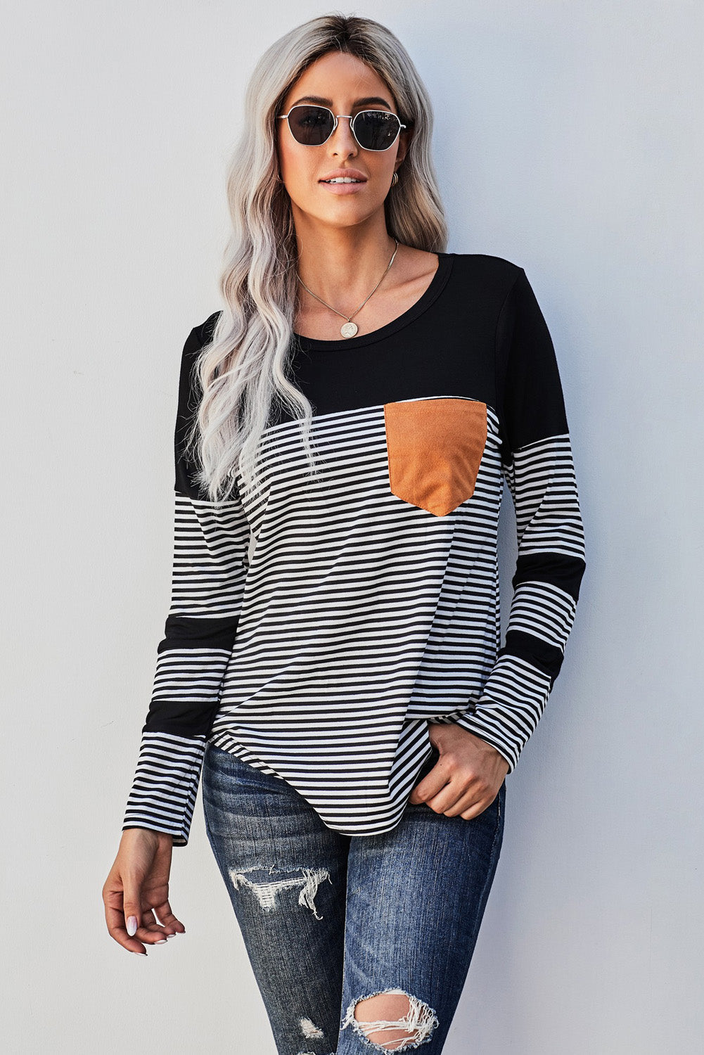 Women's Casual Black Striped Pinstripe Patch Pocket Long Sleeve Top