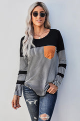 Women's Casual Black Striped Pinstripe Patch Pocket Long Sleeve Top
