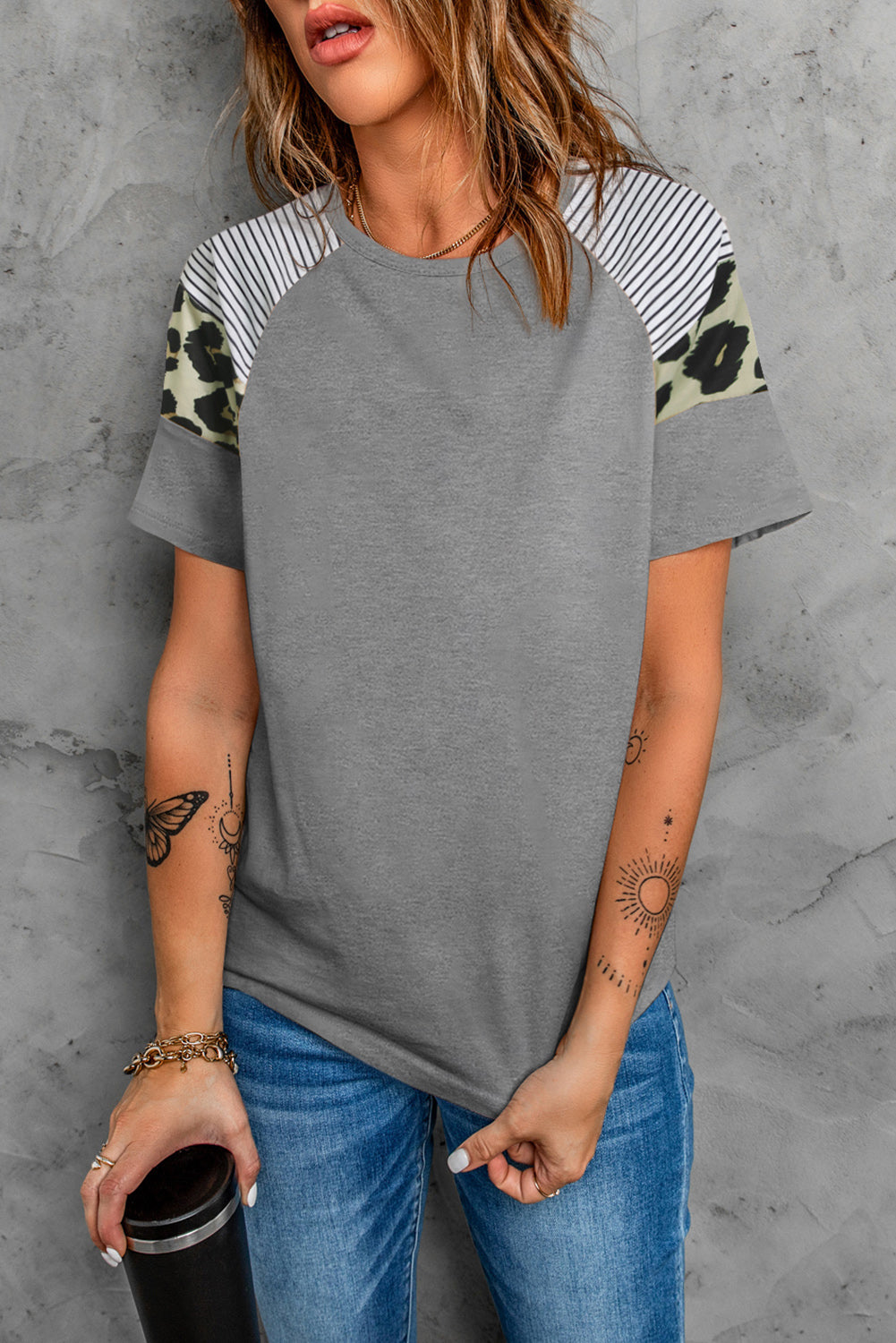 Women's Gray Striped Leopard Print Short Sleeve T-shirt For Women