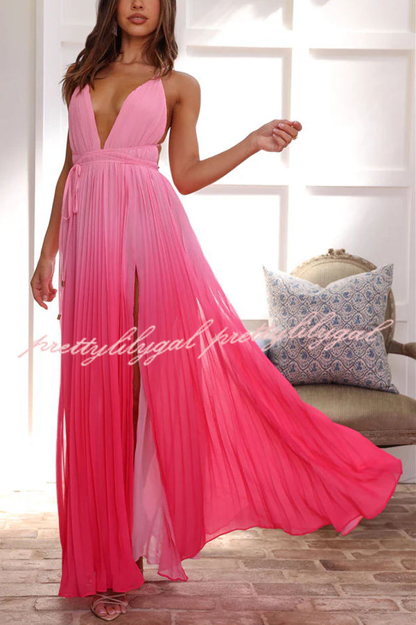 Love Letter To You Pleated Gradient Print Back Tie-up Slit Maxi Dress