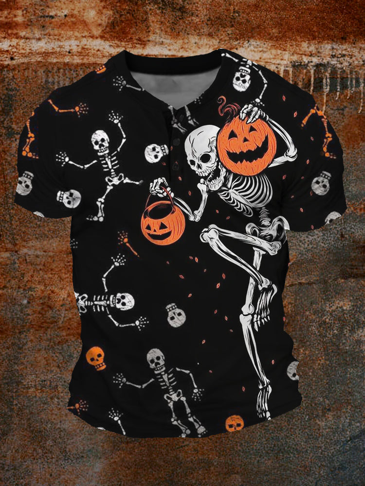 Men's Halloween Skeleton & Pumpkins Art Henley Shirt