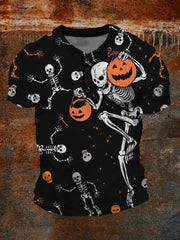 Men's Halloween Skeleton & Pumpkins Art Henley Shirt