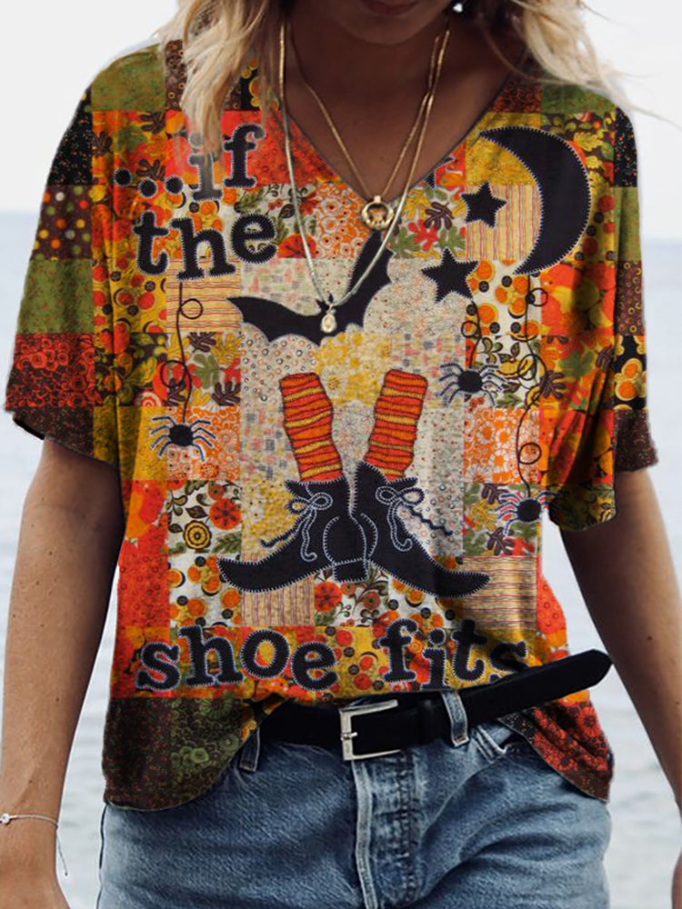 Halloween If The Shoe Fits Patchwork Print T Shirt