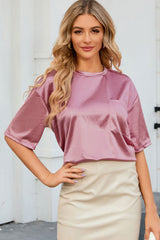 Women's Pink Chest Pocket Loose Fit T Shirt