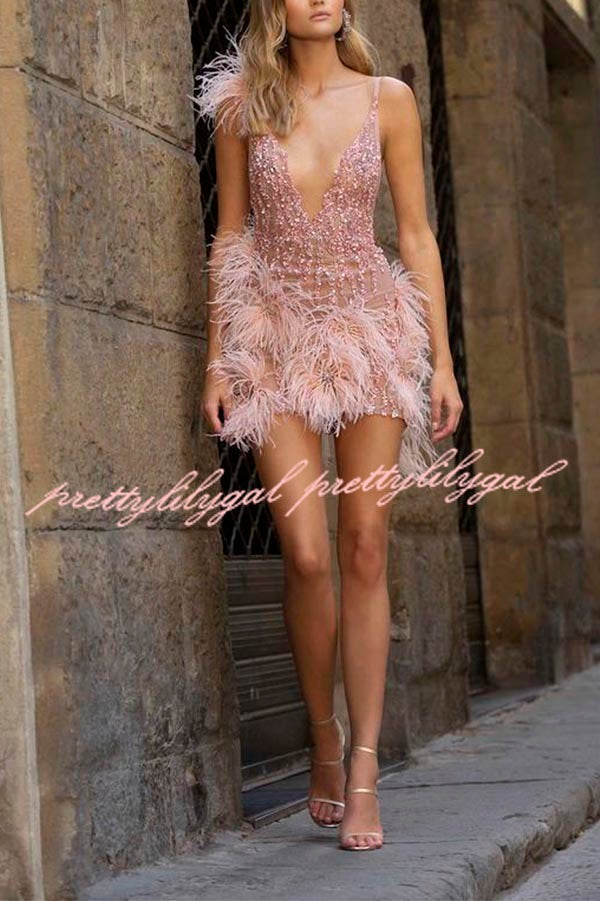 Feather Sling Deep V Neck Party Dress
