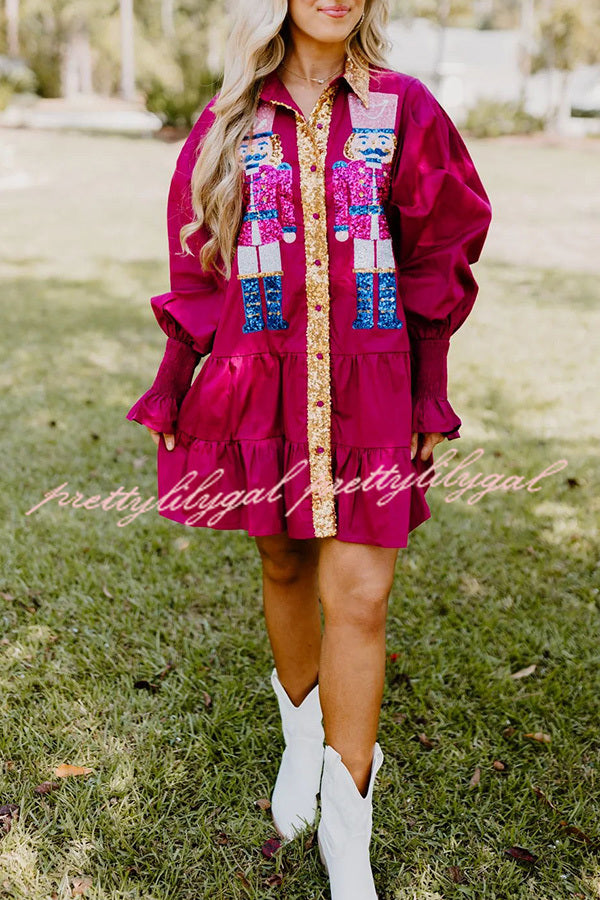 Nutcracker Sequined Button Down Long Sleeve Mini Dress