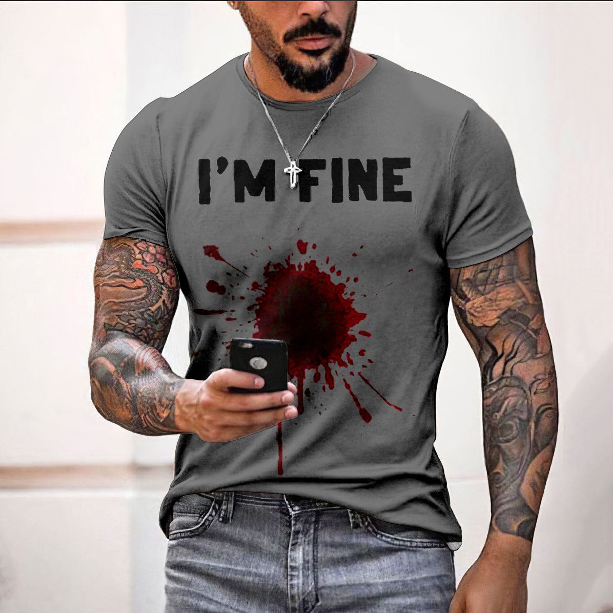 I'M Fine Bloodstain Halloween Print T-Shirt