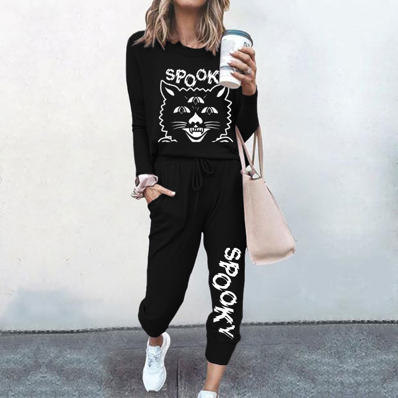 Spooky Cat Print T-Shirt Two Piece Set