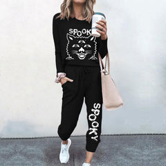 Spooky Cat Print T-Shirt Two Piece Set