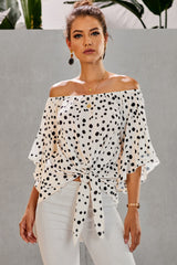 Women's White Polka Dot 3/4 Bell Sleeve Front Tie Knot Off Shoulder Top