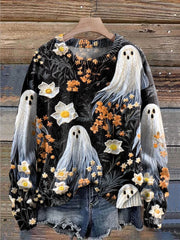 Cute Ghost Flowers Art Pattern Print Casual Knit Pullover Sweater