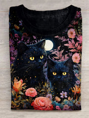 Floral Cat Art Print Casual T-Shirt