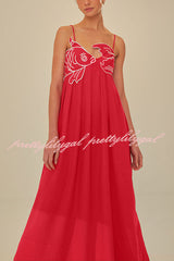 Red Fish Embroidered Sling Backless Maxi Dress