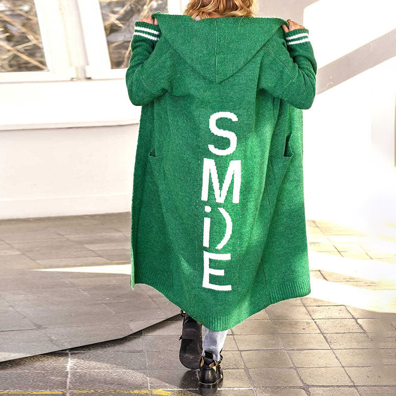 Letter Loose Casual Long Sleeve Hooded Sweater Cardigan