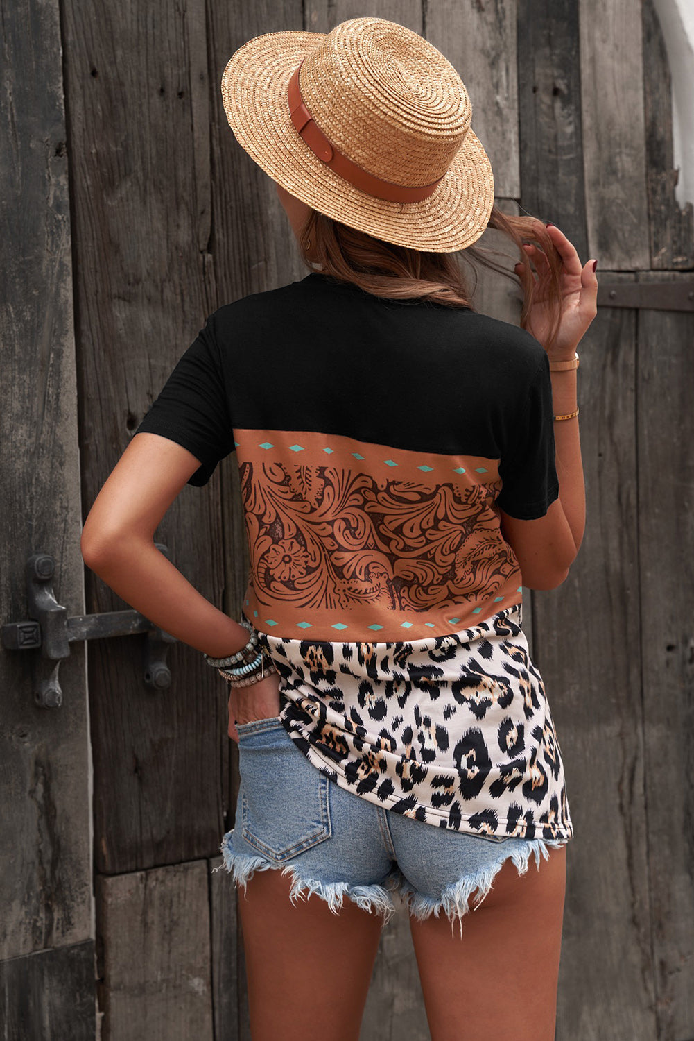 Women's Fashion Black Leopard Print Buckstitch SplicingColor Block T-shirt